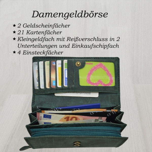 Portemonnaie Damen Wild Leder Geldbeutel mit 21 Kartenfächern (Grün)
